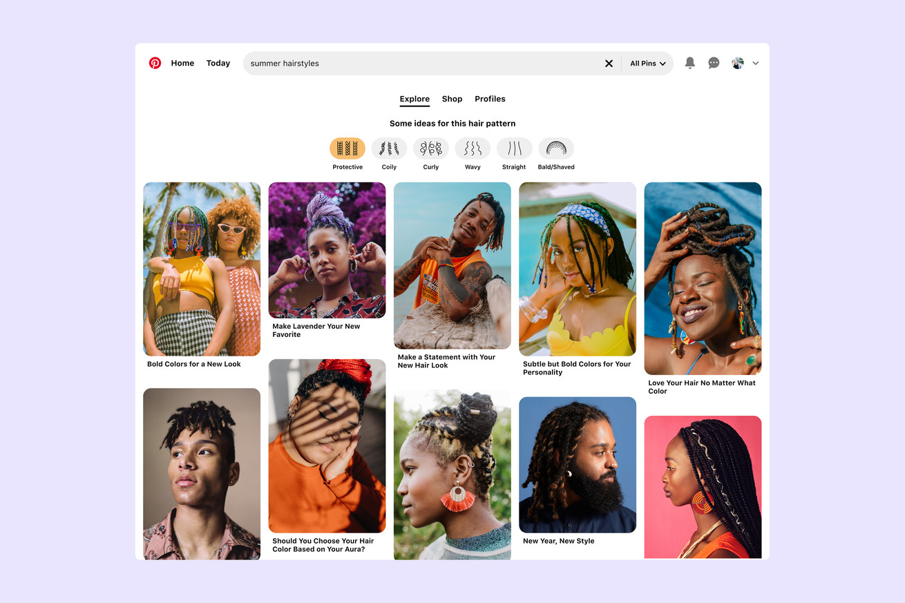 Screenshot of a Pinterest search for “summer hairstyles” showing filter options for protective, coily, curly, wavy, straight, and shave/ bald. Protective is selected, showing various pins of people with braids and twists. 