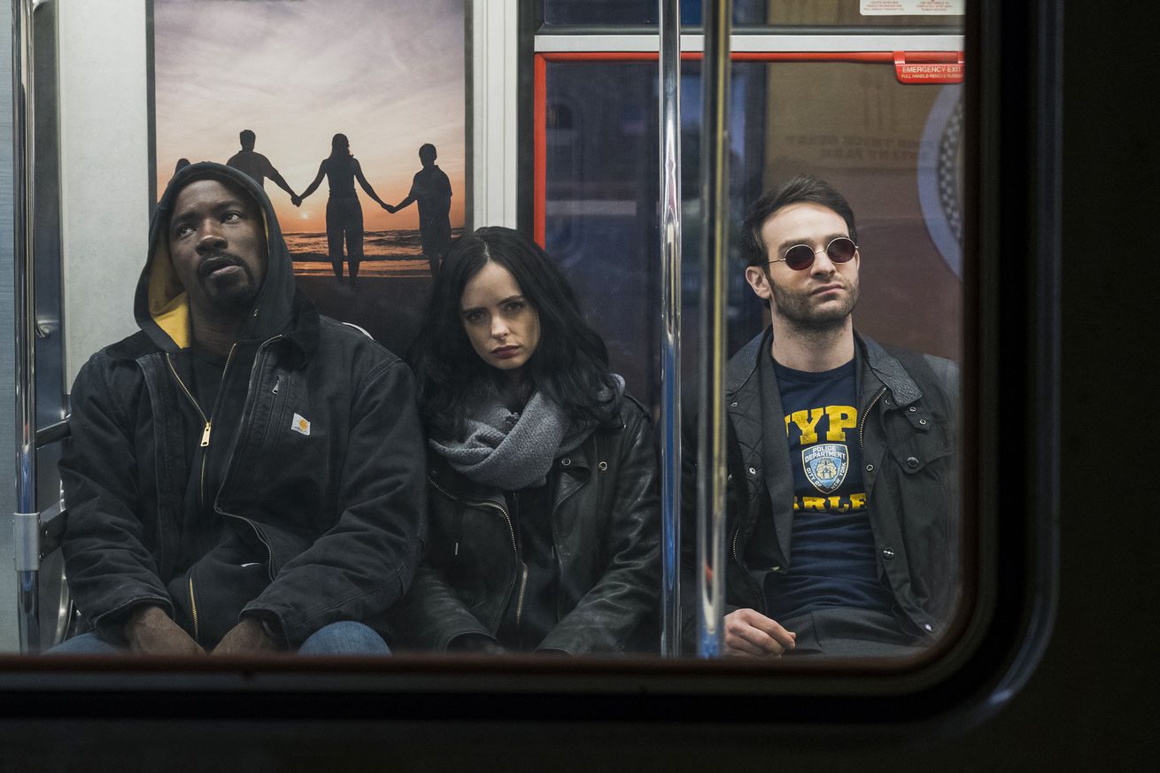 Luke Cage, Jessica Jones, and Matt Murdock taking the subway together.