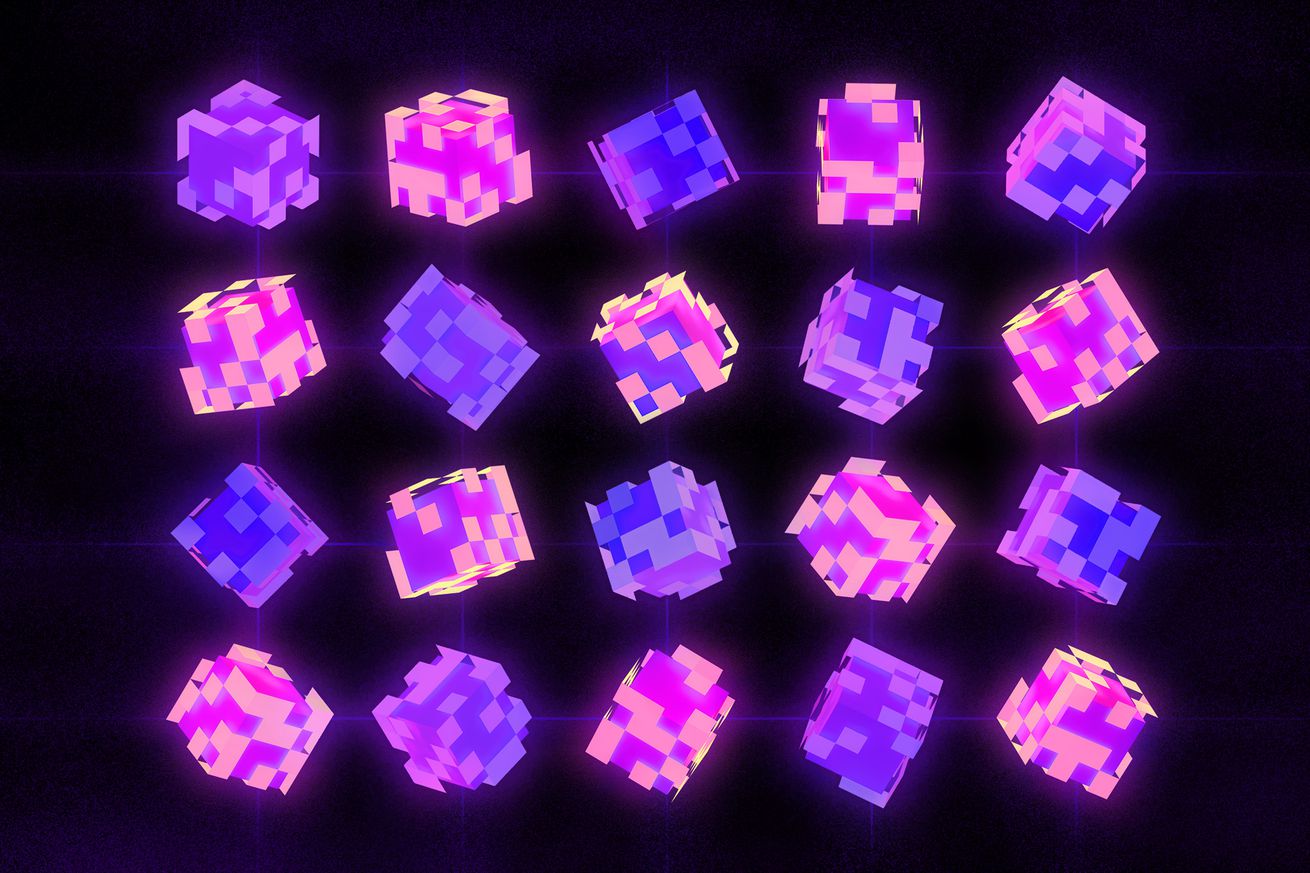Image representing NFTs with pixelated blocks made up of purple squares.