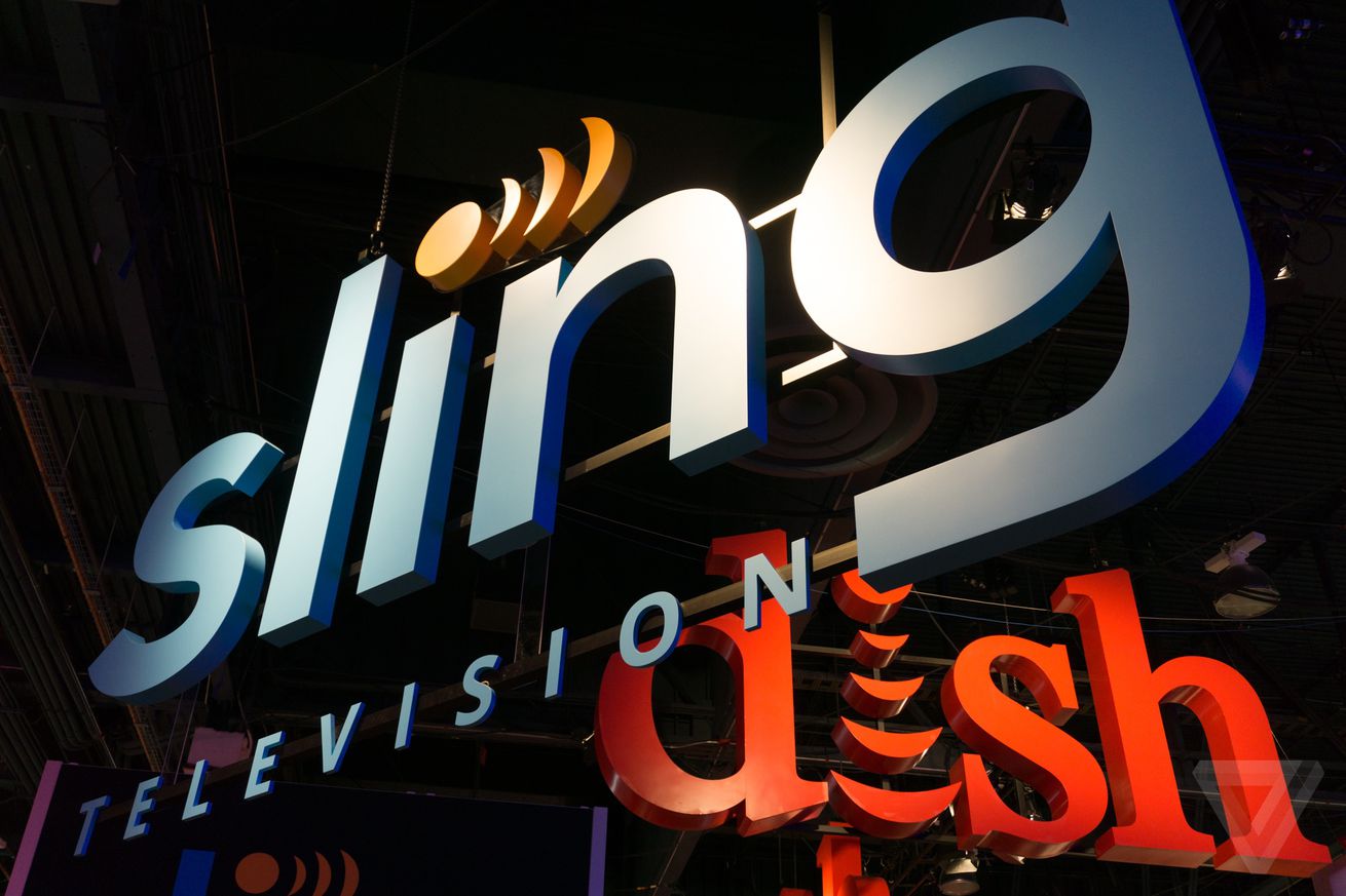A photo of the Sling TV and Dish logos at CES 2015.